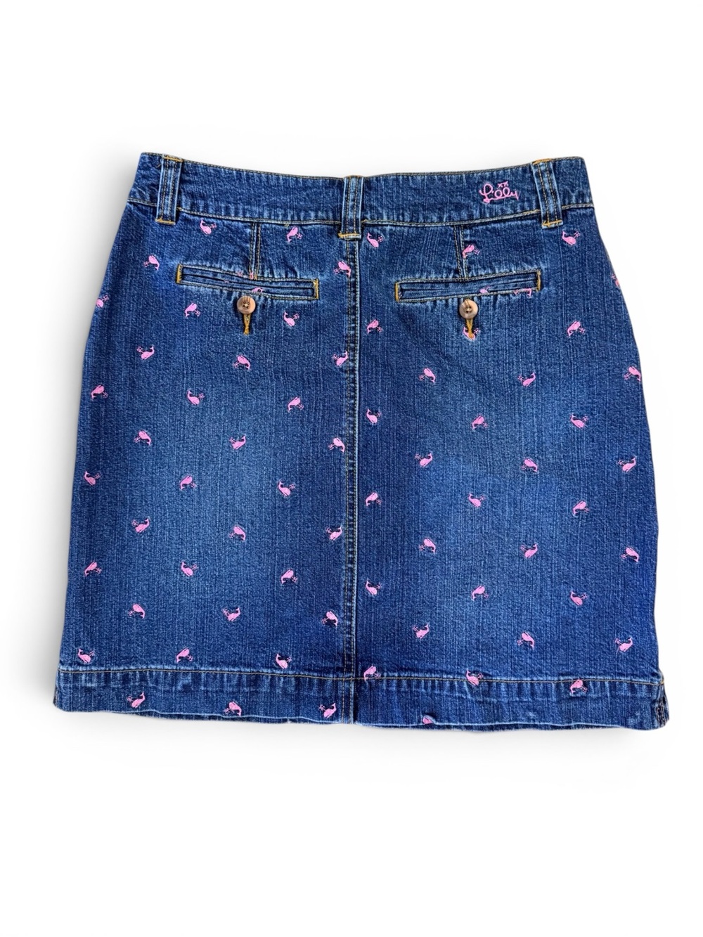 Vintage Lilly Pulitzer Blue Denim Mini Skirt with Pink Embroidered Whale Motifs - Picture 3 of 6